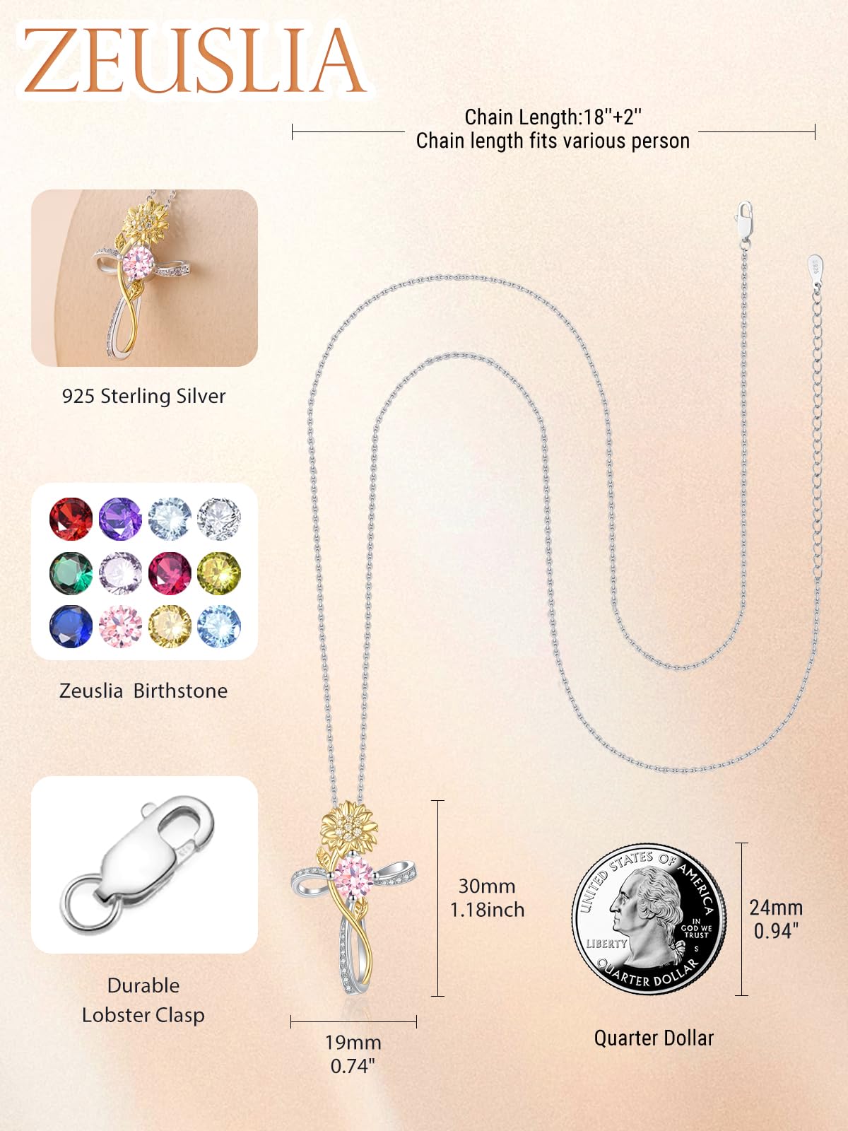 Cross Necklace for Women Sterling Silver Cross Pendant Jewelry with Sunflower Tourmaline October Birthstone Necklace Christian Religious Baptism First Communion Confirmation Birthday Gifts for Women