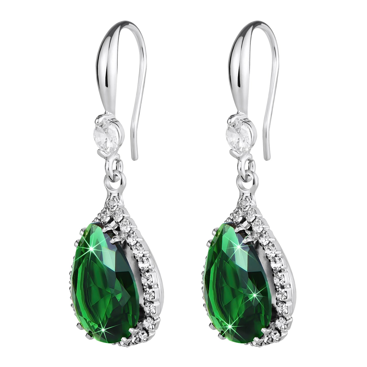 Linawe Silver Emerald Green Earrings, Imitation Diamond Dangle Rhinestone Cubic Zirconia Crystal Drop Earrings for Women, Teardrop Birthstone Drop Earrings, Wedding Jewelry Set
