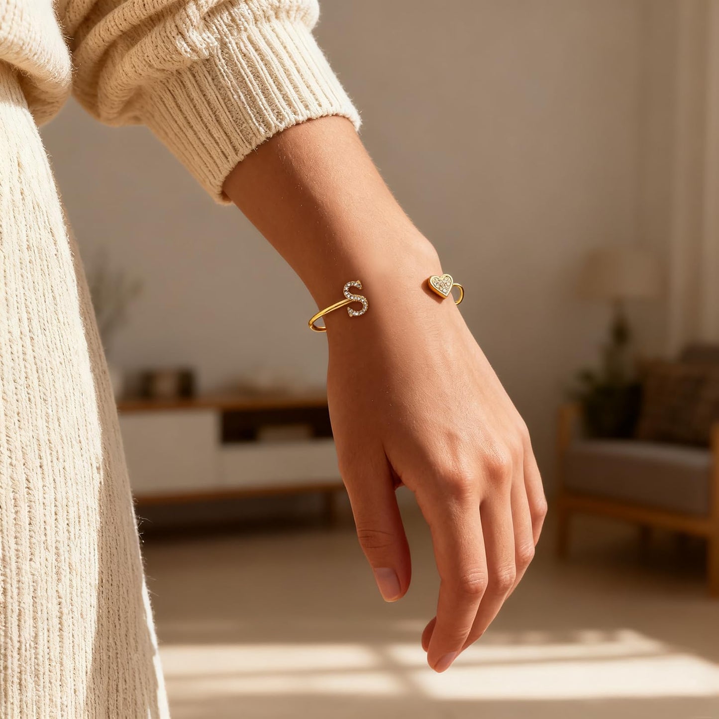 BXDA Trendy Gold Plated Heart Initial S Cuff Bangle Bracelet for Women, Handmade Statement Cubic Zirconia Stackable Open Letter Bracelets Fashion Jewelry Accessories Gift