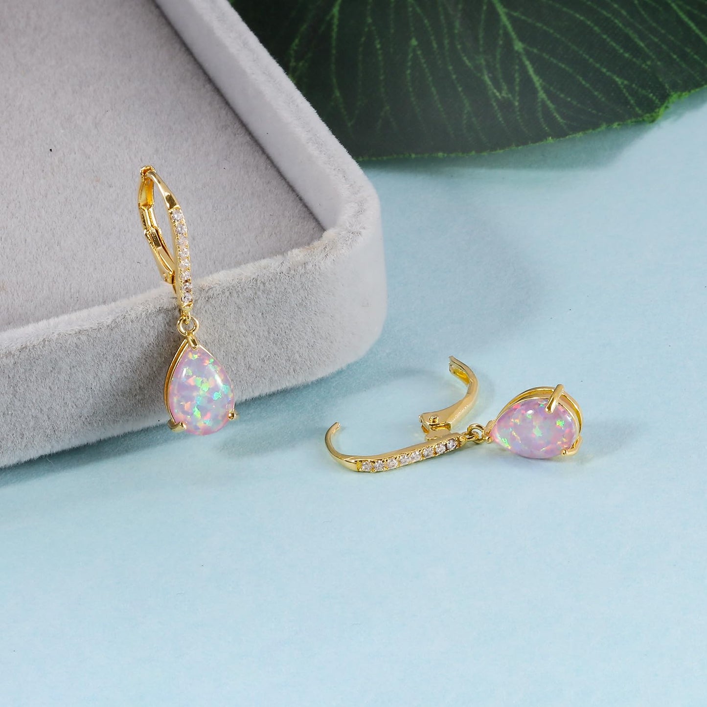 Leverback Purple Opal Dangle Earrings 14k Yellow Gold Plated Drop Earrings for Women Teardrop Earrings Elegant Jewelry Gifts for Mothers Day Birthday Party