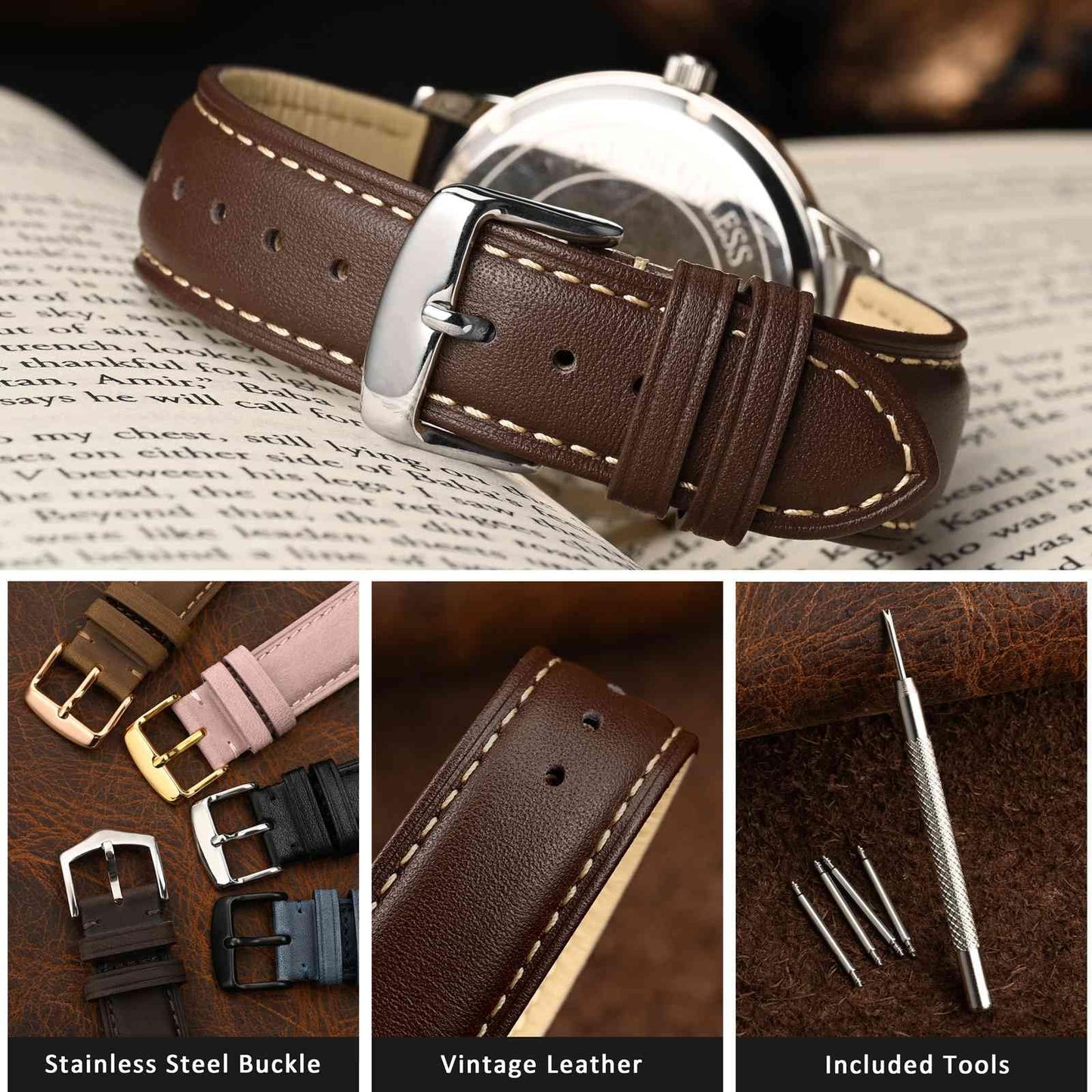 WOCCI 23mm Vintage Leather Watch Band for Men and Women, Silver Buckle (Dark Brown/Contrasting Stitch)