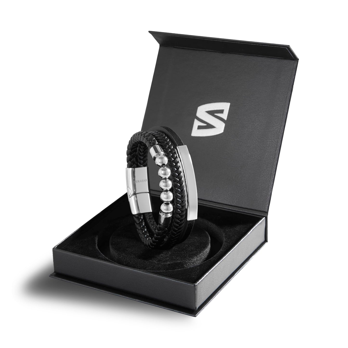 SERASAR Mens Silver Bracelets 23cm Bracelet Men Gift Box Genuine Leather Cowhide Braided Magnetic Clasp Multi Layer Wrap Rope Man Mans Male Band Jewelry Magnet Accessories