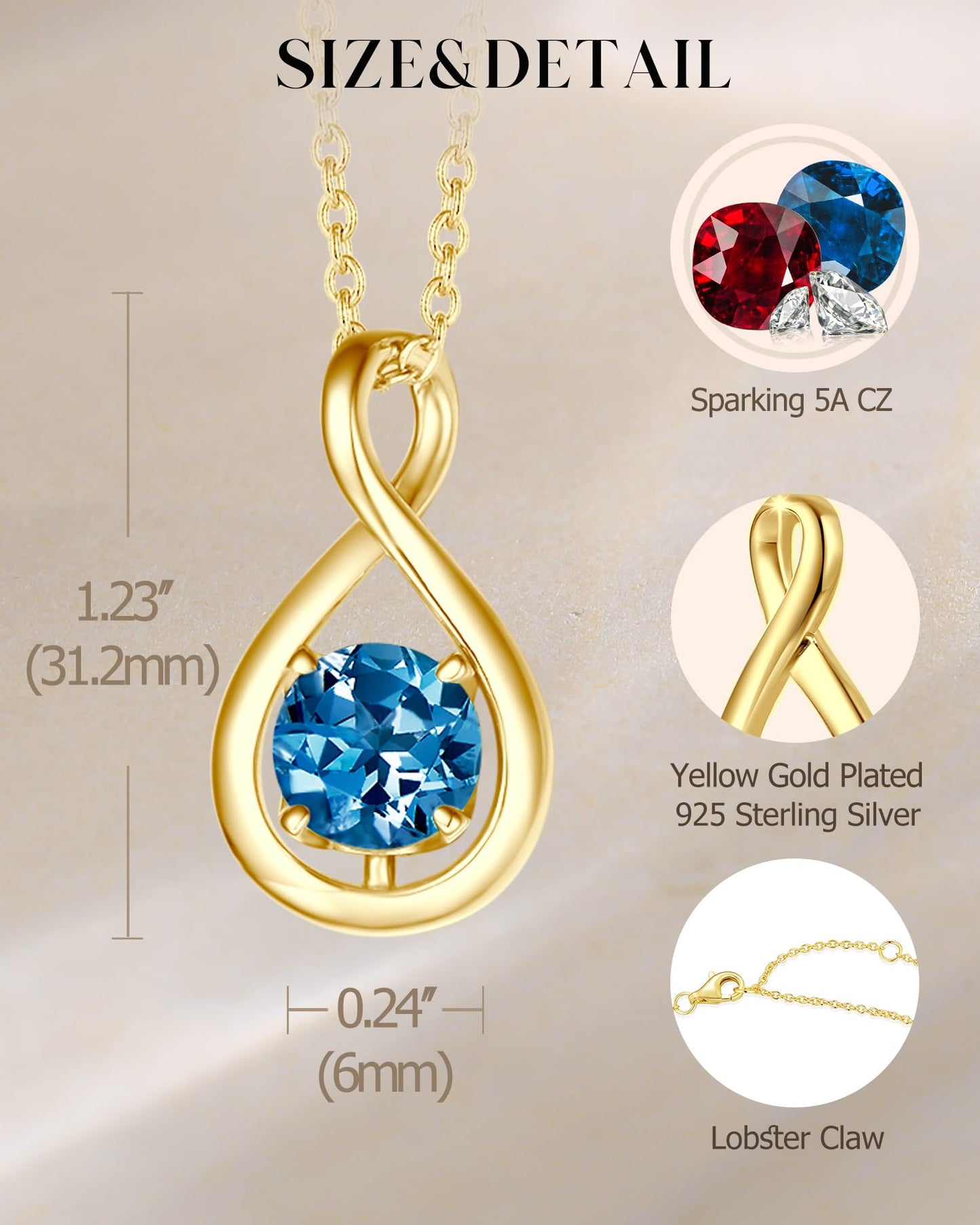 FANCIME London Blue Topaz Necklace November December Birthstone Necklace for Women Yellow Gold Plated Sterling Silver Infinity Pendant Fine Jewelry Mothers Day Gifts for Mom