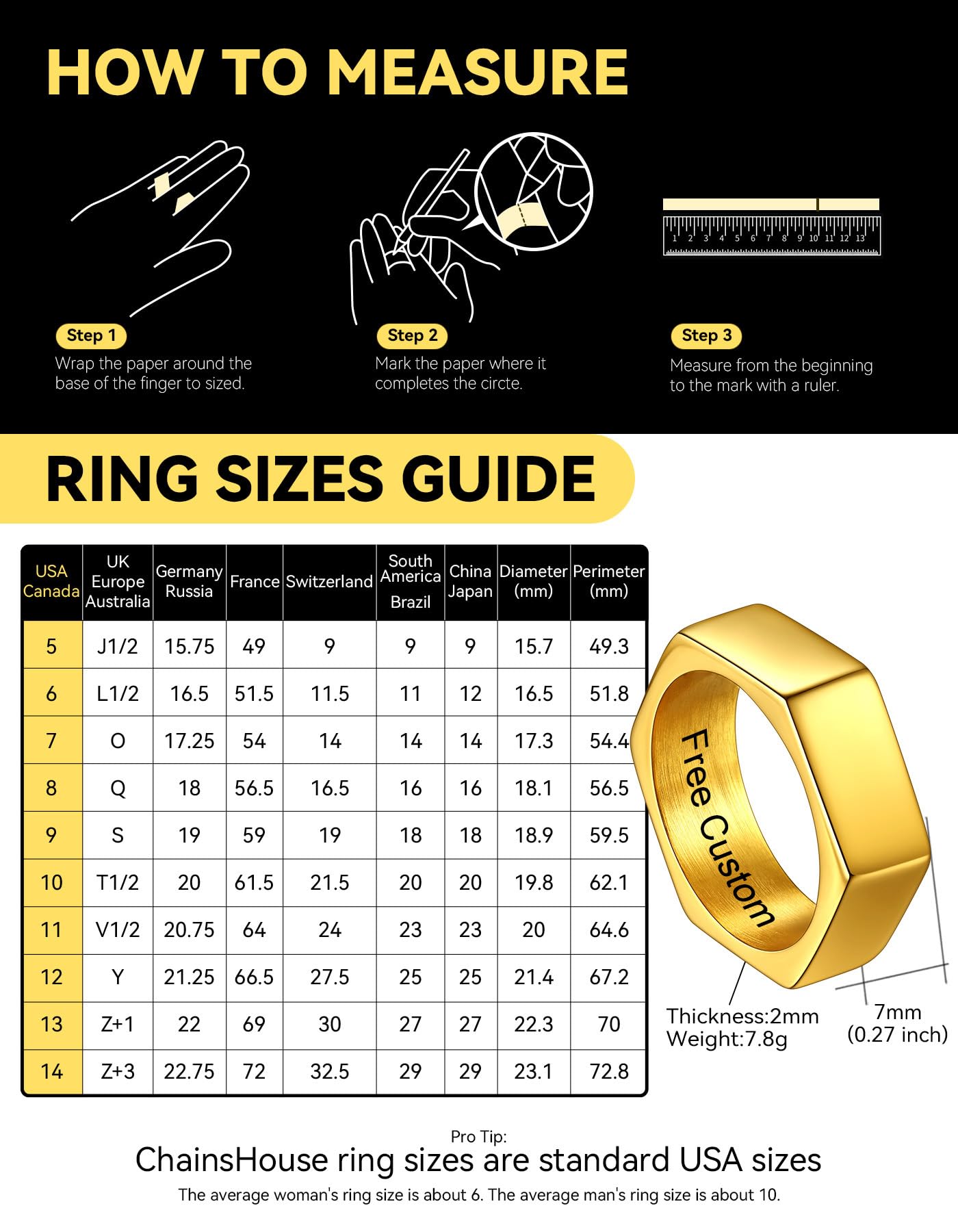 ChainsHouse Personalize Simple Band Rings 18K Gold Plated Geometric Hexagon Biker Ring for Men Women, Size 14