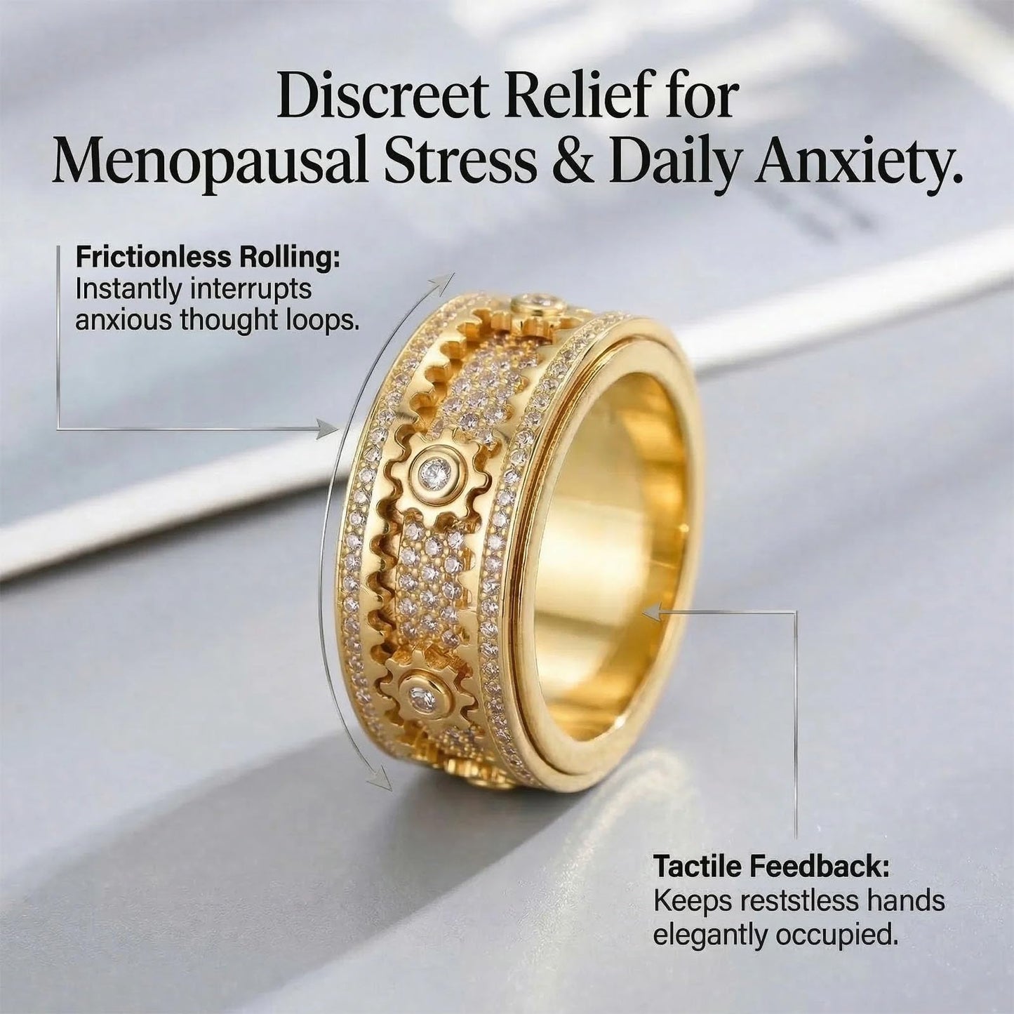 Xarewx Mindfulness Rings for Women, Fidget Ring, Adjustable Anti-Anxiety Fidget Rings, Menopause and Stress Ring, Calm & Everyday Wear (Gold, 8)