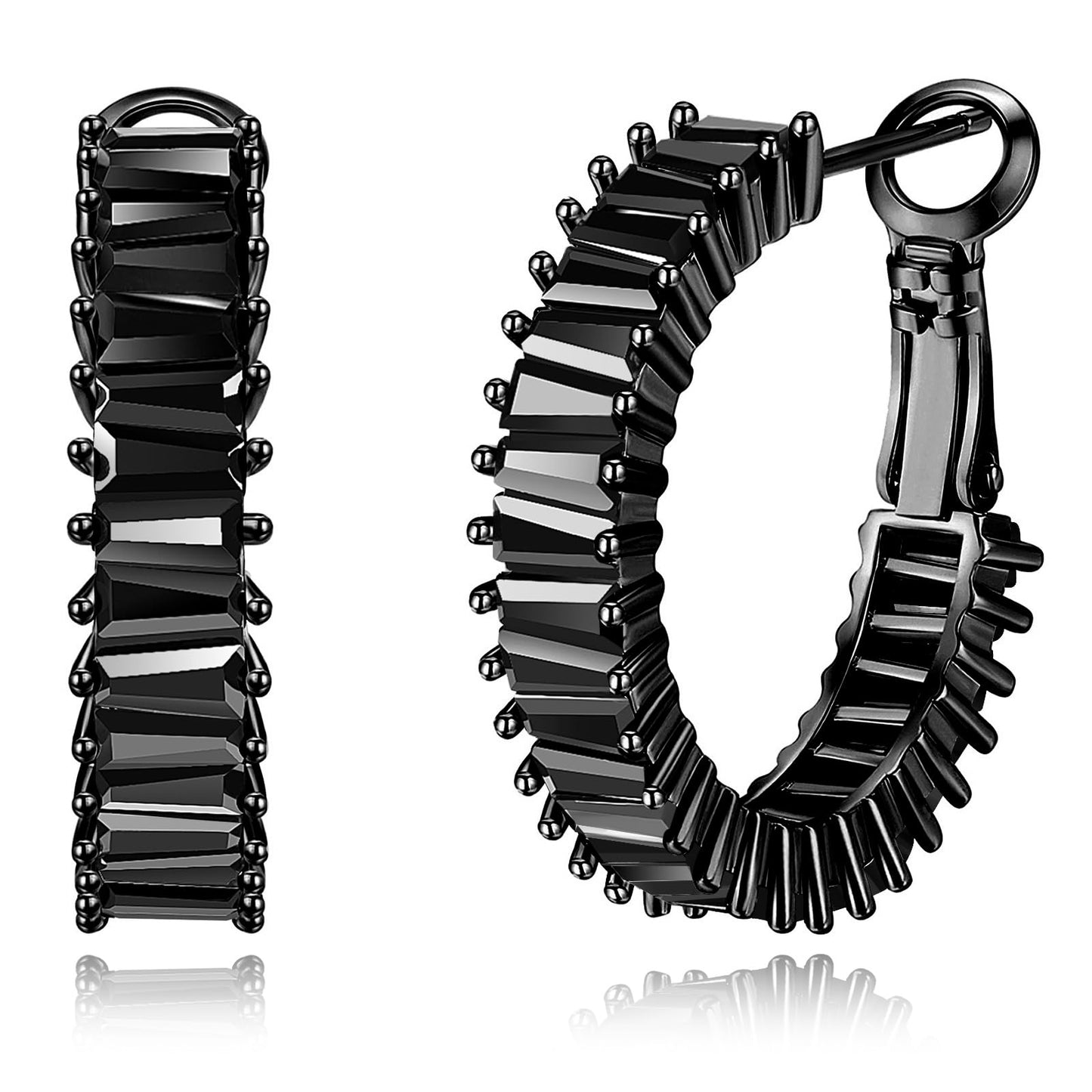 GLOQUAT CZ Black Hoop Earrings for Women Man Vintage Black Baguette Cubic Zirconia Hoop Earrings Fashion Round Circle Hoops Earrings for Couple Trandy Lightweight and Hypoallergenic Jewelry 25mm