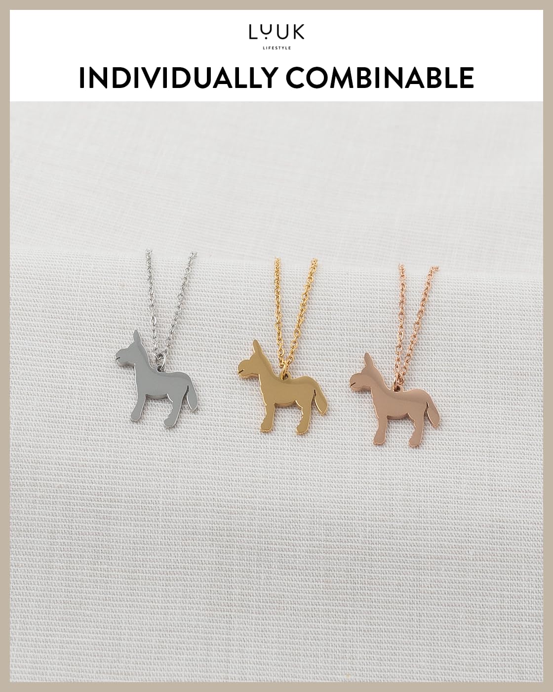 LUUK LIFESTYLE Waterproof Donkey|LLama pendant necklace, 19in adjustable, sturdy thin chain, tarnish-free, Gift for holiday season, women, sister, friend, daughter, vacation dainty trendy aesthetic