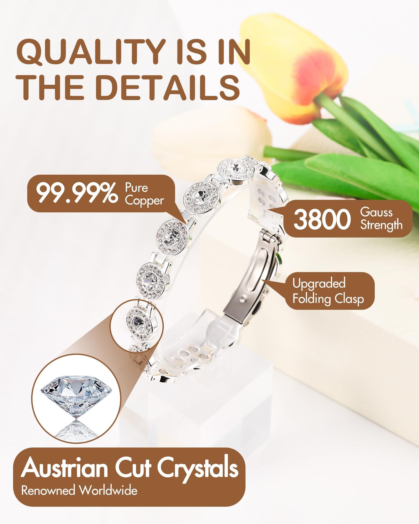 Feraco Pure Copper Bracelets for Women, 4X Ultra Strength Magnetic Bracelet with 3800 Gauss Neodymium Magnets & Sparkling Austrian Cut Crystals, Adjustable Jewelry Gift (Silver)