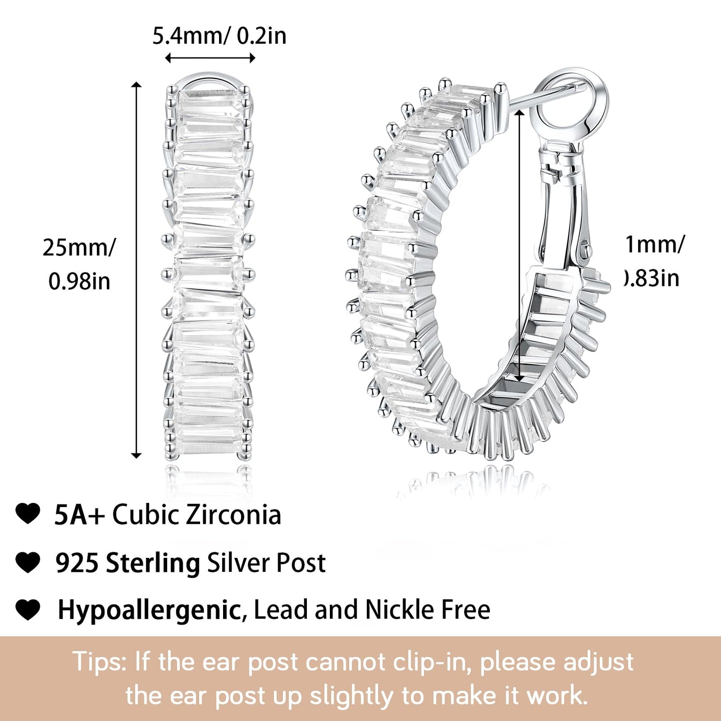 GLOQUAT CZ Silver Plated Hoop Earrings 925 Sterling Silver Post Hoops Cubic Zirconia Earrings for Women Vintage Hoop Fashion Round Circle Rhinestone Hoops Earring for Women 25mm