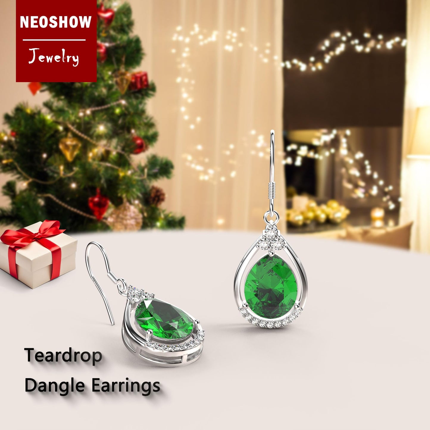18K White Gold Plated Sterling Silver Teardrop Cubic Zirconia Drop Dangle Earrings for Women Pear Cut CZ Diamond Dangle Earrings Hypoallergenic Jewelry (Emerald)