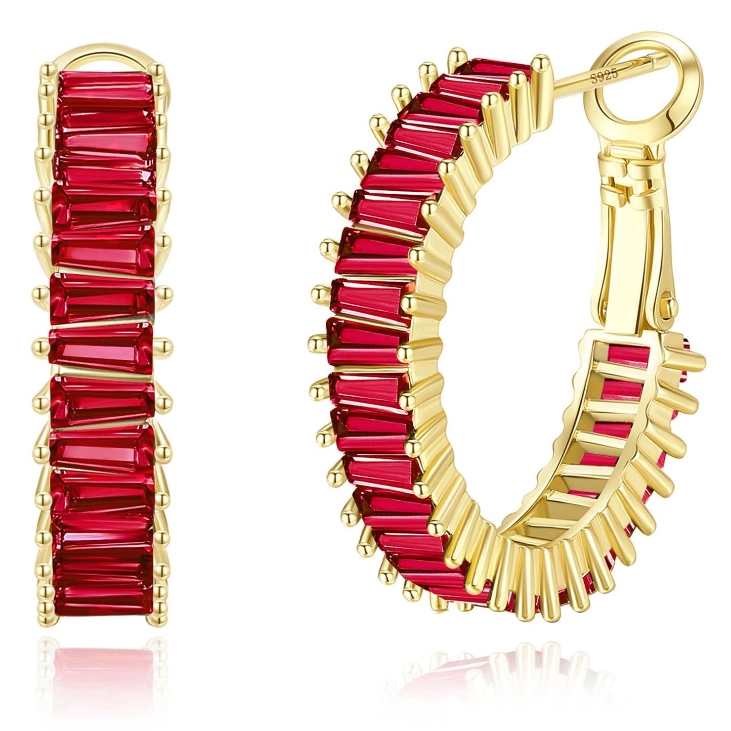 GLOQUAT 14K Gold Plated Dark Red Hoops for Women 925 Sterling Silver Post Vintage Ruby Red Earrings Cubic Zirconia Round Circle Hoops for Women Trendy Garnet Rhinestone Hoop Earrings Jewelry 25mm