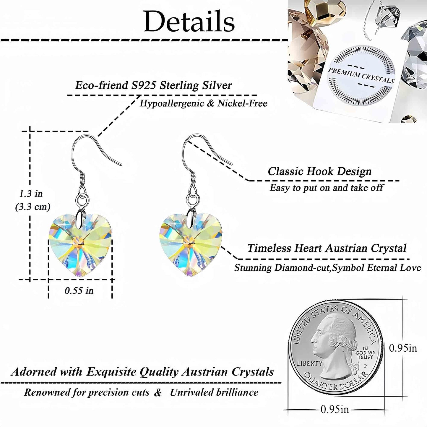 Austrian Crystal Heart Drop Dangle Earrings for Women 925 Sterling Silver Hook Hypoallergenic Earring (Aurora Borealis)
