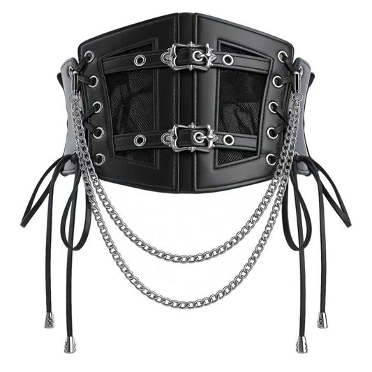 Sylexthorn Black Elastic Underbust Corset Belt for Women, Vintage Wide Lace-up Leather Waspie Waist Belt for Cosplay (Black_Silver, S: Waist 30-33 in)
