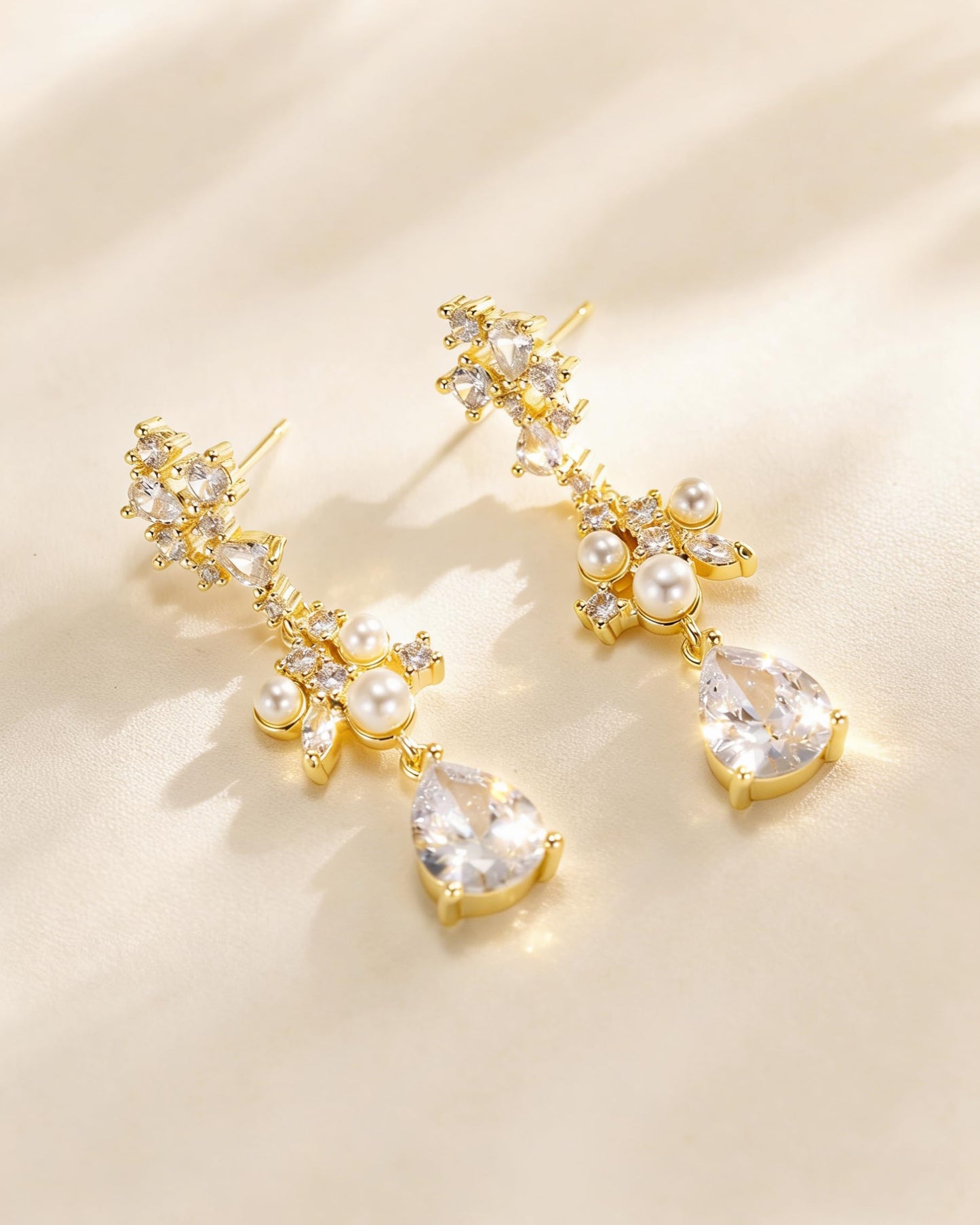PRTGL Pearl Earrings - 14 Gold Plated Cubic Zirconia Accented Pearl Drop Earrings for Women Dangle Wedding Bridal Teardrop Design