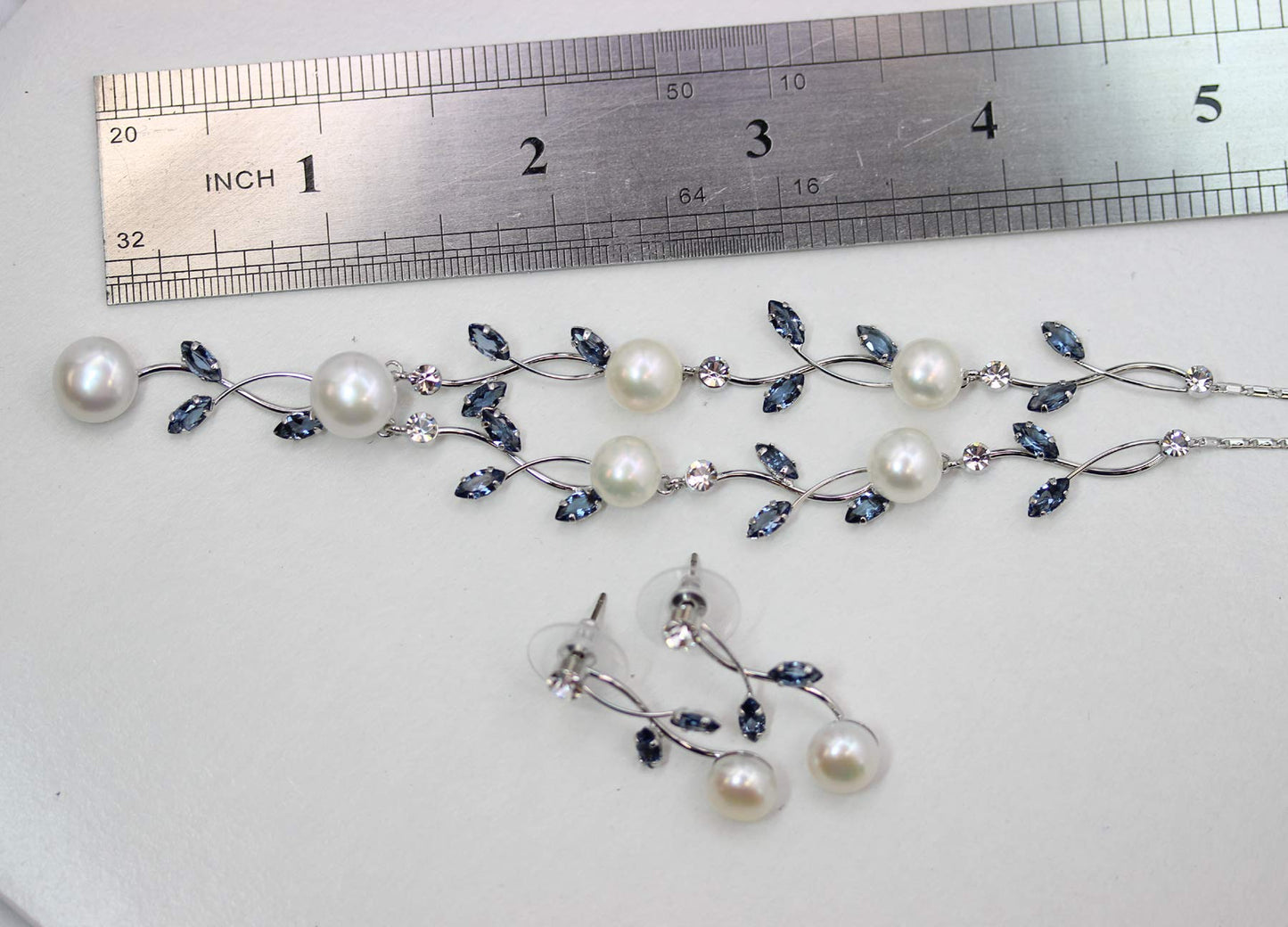 Faship Gorgeous Navy Blue CZ Crystal Genuine Freshwater Pearls Floral Necklace Earrings Set - Navy Blue