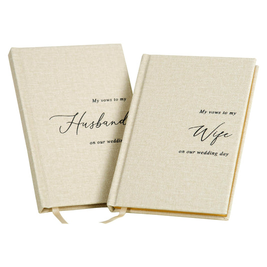 MUUJEE Hard Cover Vow Books (Set of 2) - Cream Canvas Linen Foil Embossed Wedding Ceremony Vow Renewal Speech Books, Couple Gifts for Engagement (to My Husband/Wife)