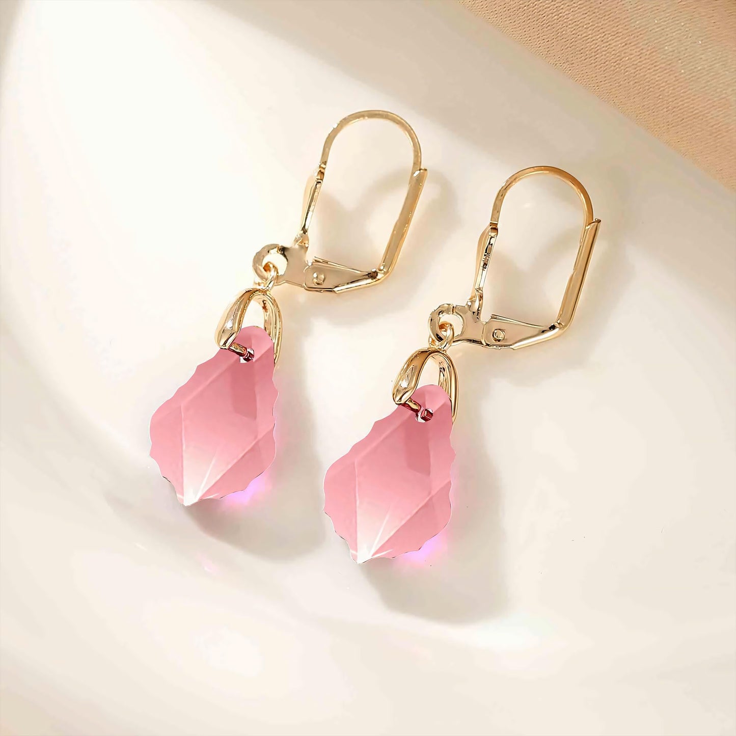 Austrian Crystal Baroque Drop Leverback Earrings for Women Fashion 14K Gold Plated Hypoallergenic Jewelry (Pink)