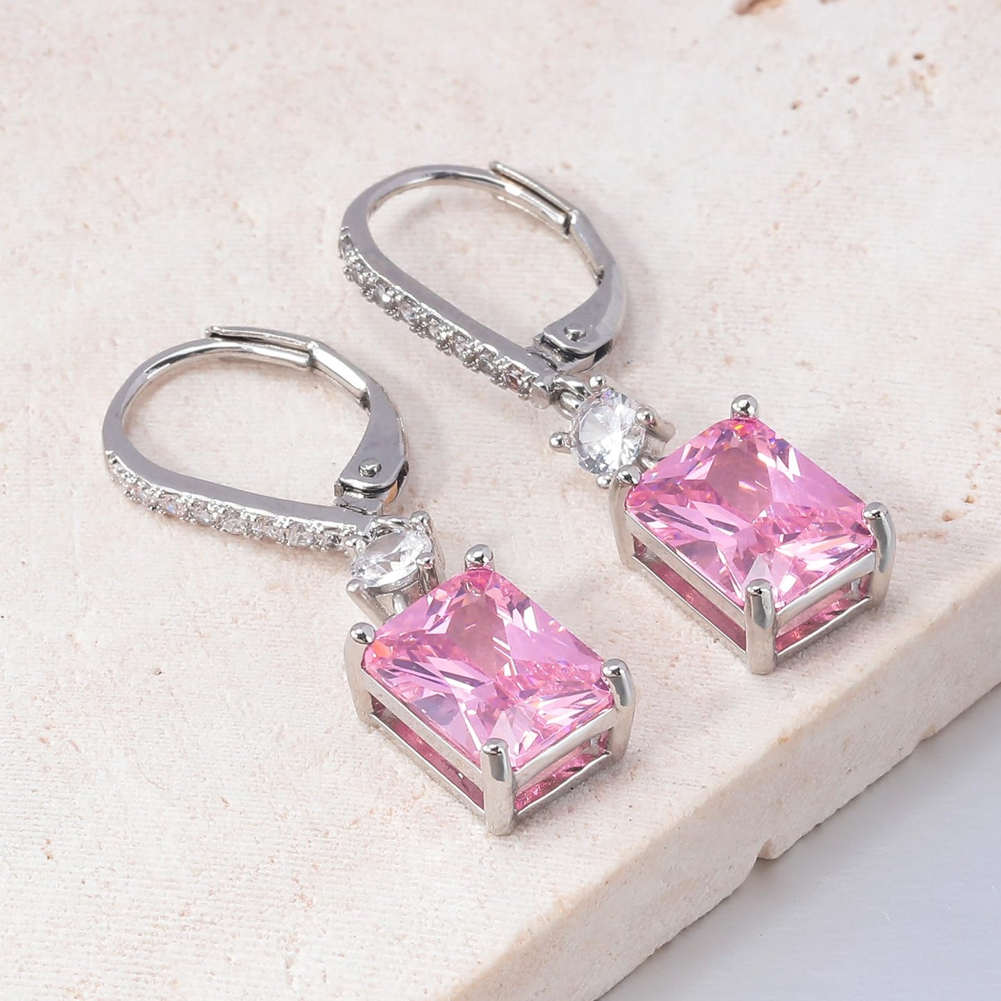 CiNily Leverback Earrings for Women Rectangular-cut Drop Dangle Earrings Hypoallergenic, 14K White Gold Plated Pink Cubic Zircon Earrings Diamond Dangle Earrings Jewelry Birthday