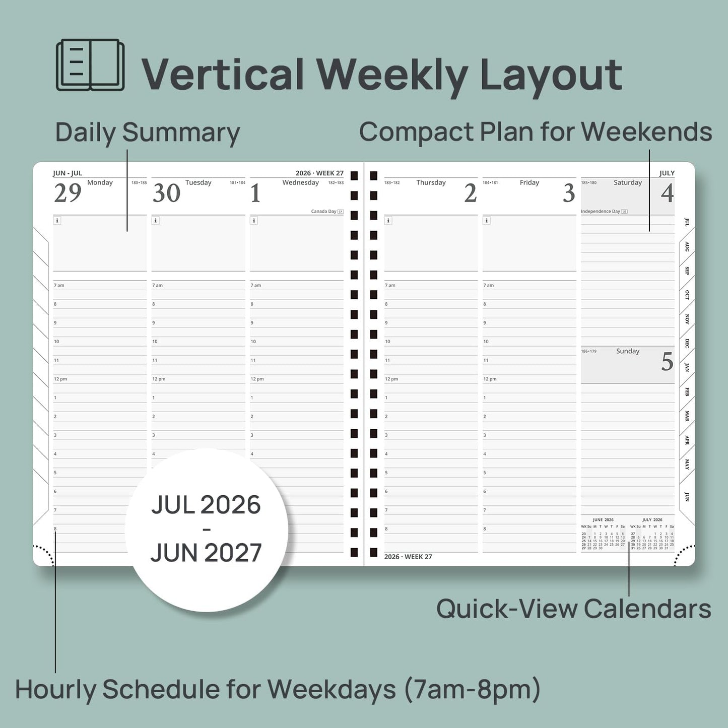 POPRUN Planner 2026-2027 (Large - 8.5'' x 10.5'') Academic Weekly Calendar (July 2026 - June 2027) with Hourly Time Slots, Monthly Tabs, 100GSM Thick Papers, Spiral Leather Cover - Blue