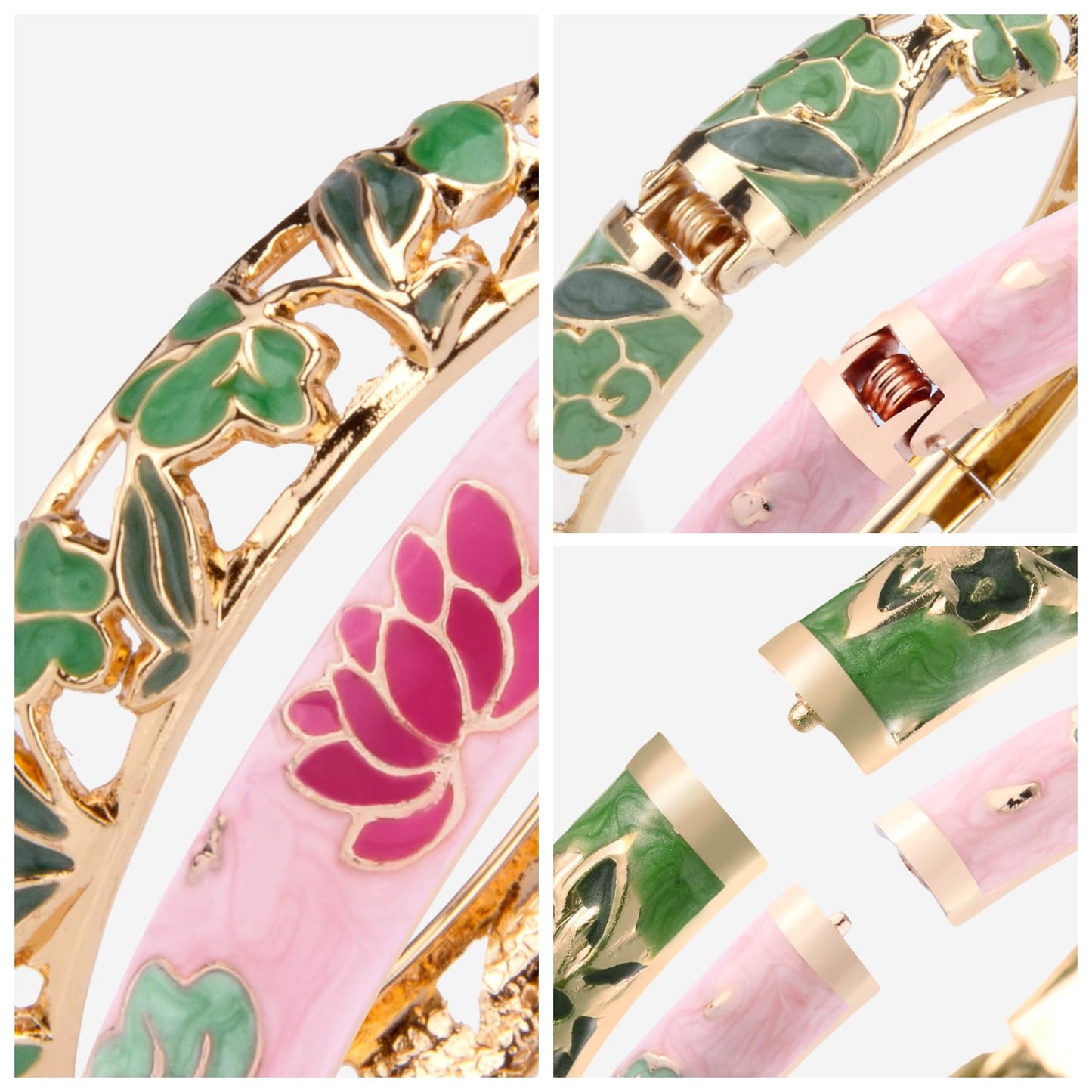 UJOY Cloisonne Bracelet Lotus Flower Gold Plated Cuff Bangle Enameled Jewelry Bracelets Gift for Women Pack in Case 88B04-55A35 Green Pink