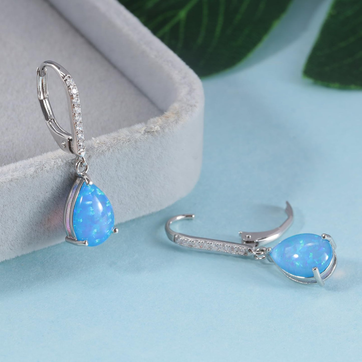 Leverback Blue Opal Dangle Earrings 14k White Gold Plated Drop Earrings for Women Teardrop Earrings Elegant Jewelry Gifts for Christmas Birthday Party