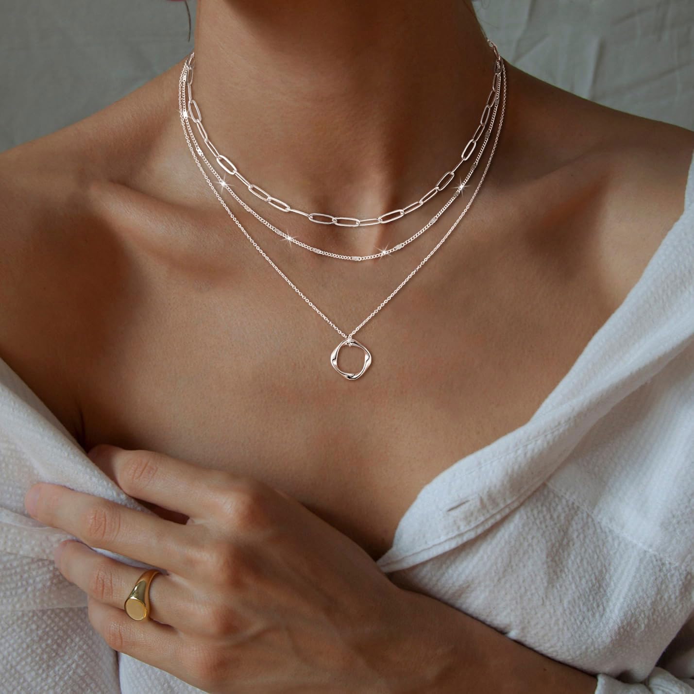 CHESKY Layered Silver Necklaces for Women Trendy, Silver Plated Dainty Stackable Charm Necklaces for Womens Layering Paperclip Chain Diamond Pendant Necklaces Jewelry Set for Women Gifts