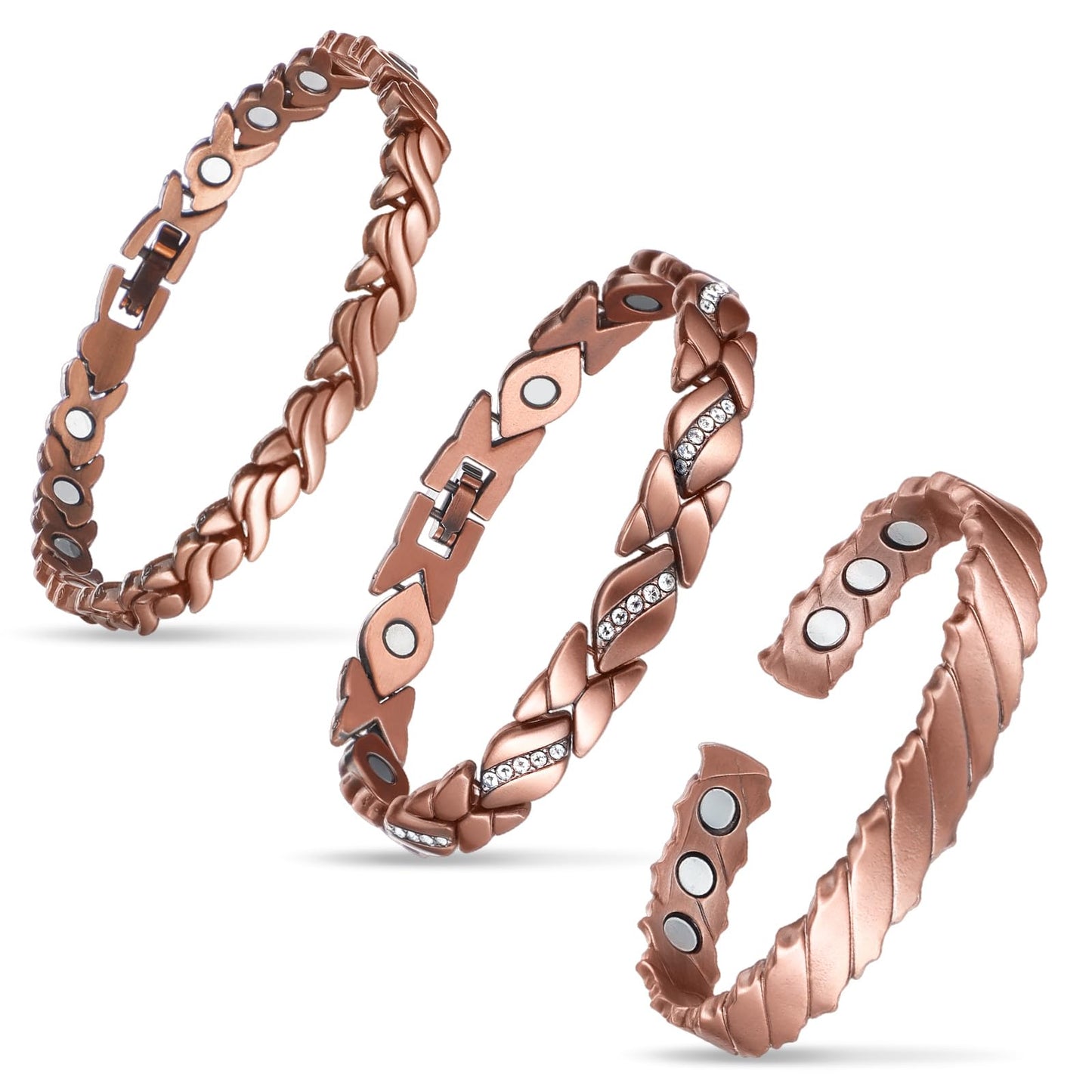 Misdary 3 Pcs Copper Magnetic Bracelets for Women Ultra Strength Magnetic Bracelet with Magnets Natural Stones Adjustable Jewelry Gift (Crystals)