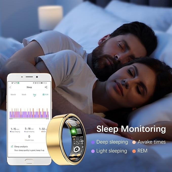 Health Tracker Ring, Smart Health Ring for Women Men with Heart Rate, Blood Oxygen, Sleep Monitor, Steps,Calories, No Subscription Fee, IP68 Waterproof Smart Ring for iPhone & Android (Gold, 12#)