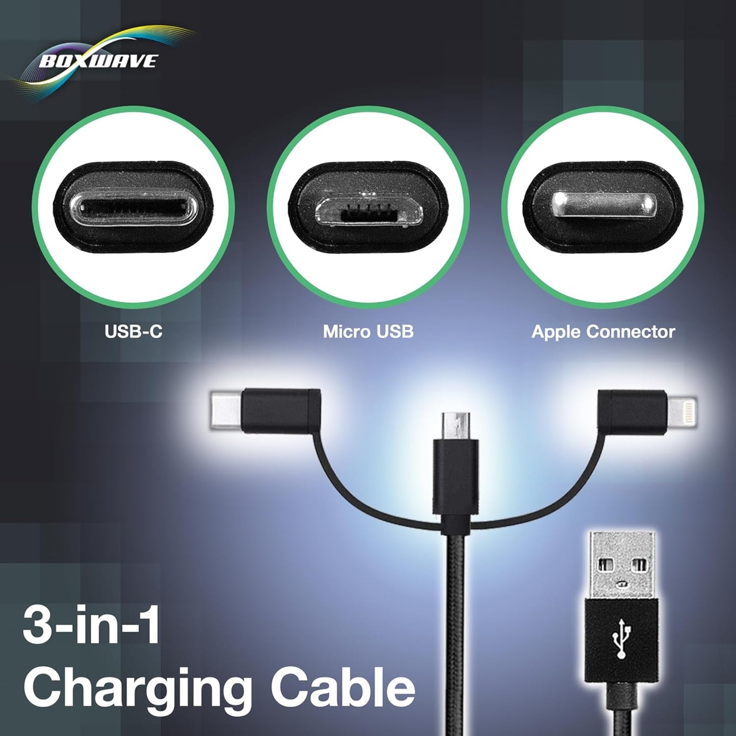 BoxWave S7 MP3 3-in-1 Cable Compatible with QNGEE Portable Player - AllCharge Cable - Jet Black
