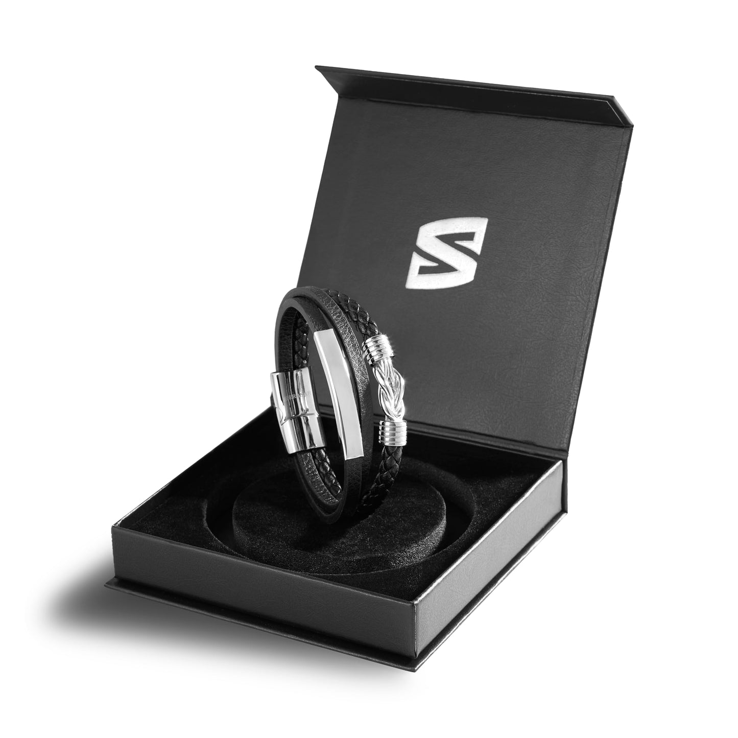 SERASAR Pulsera de cuero plateado para hombre 20cm Idea regalo Caja Piel vacuno trenzada genuino trenzado multicapa ajustable con cierre magnético