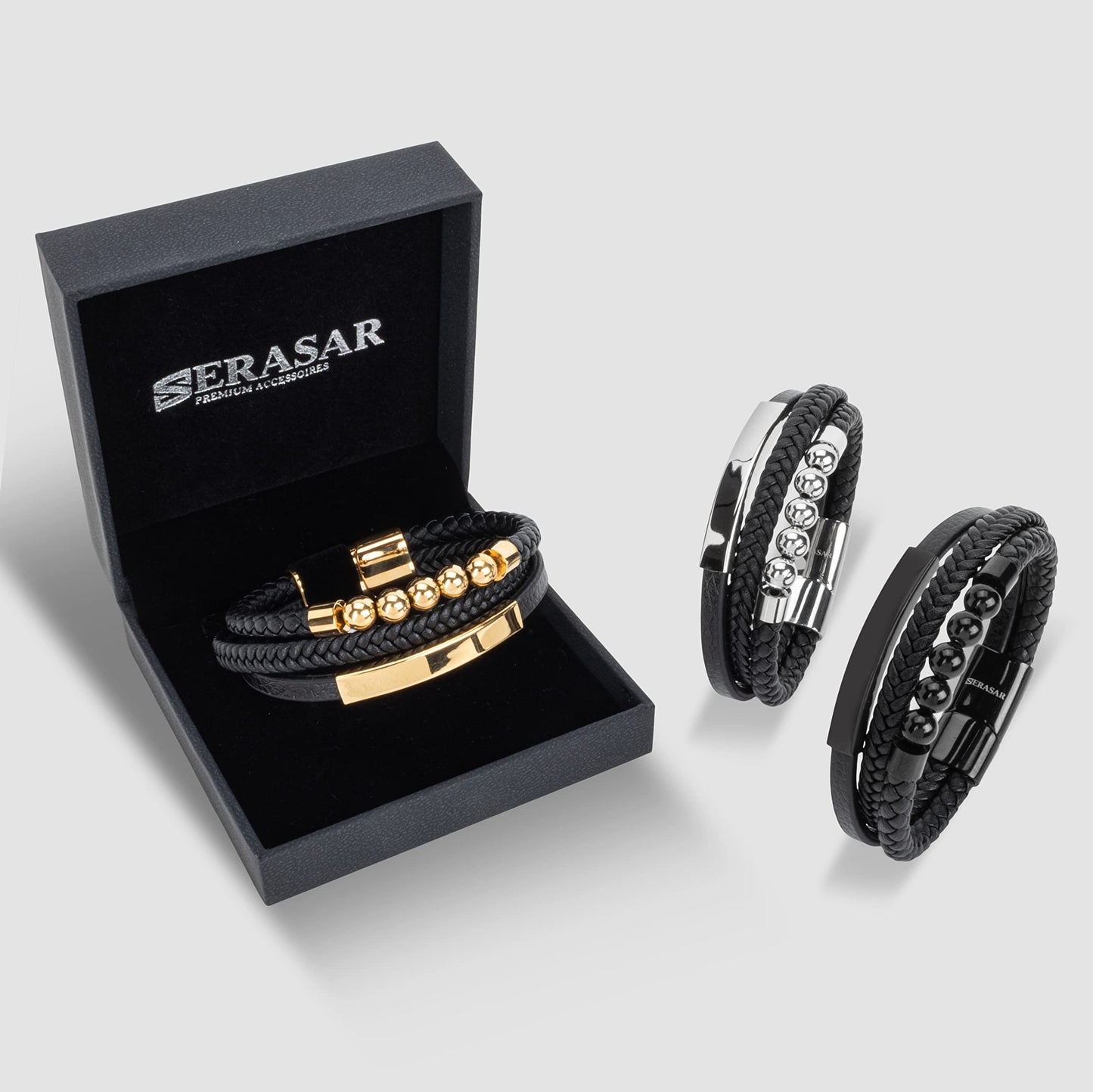 SERASAR Men's Gold Bracelet 17cm Leather Or Gift Box Braided Cowhide Adjustable Magnetic Clasp Multi Layer Wrap Jewelry Rope Male Men Magnet