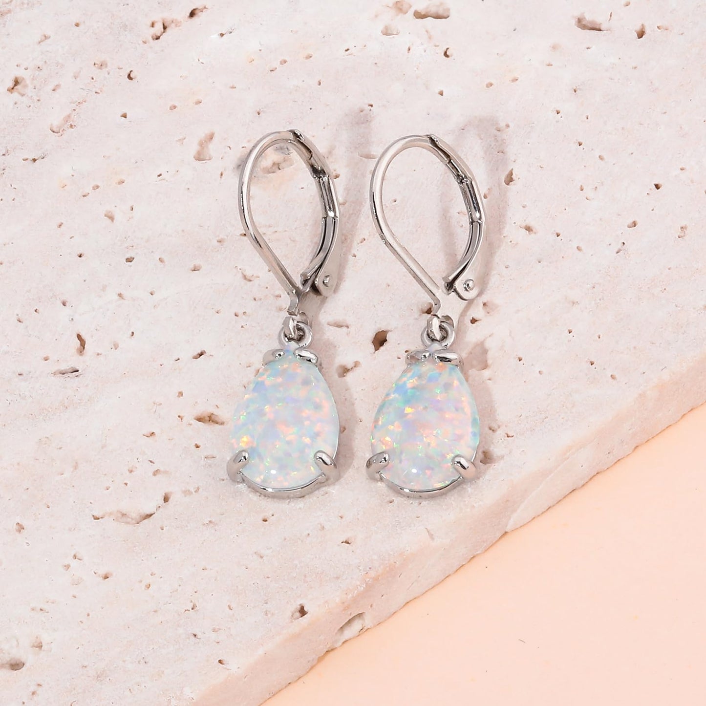 CiNily Teardrop Leverback Dangle Earrings for Women Hypoallergenic White Opal Pendant Drop Earrings 14K White Gold Plated Hanging Lever Earrings Fashion Graduation Party Jewelry Gifts