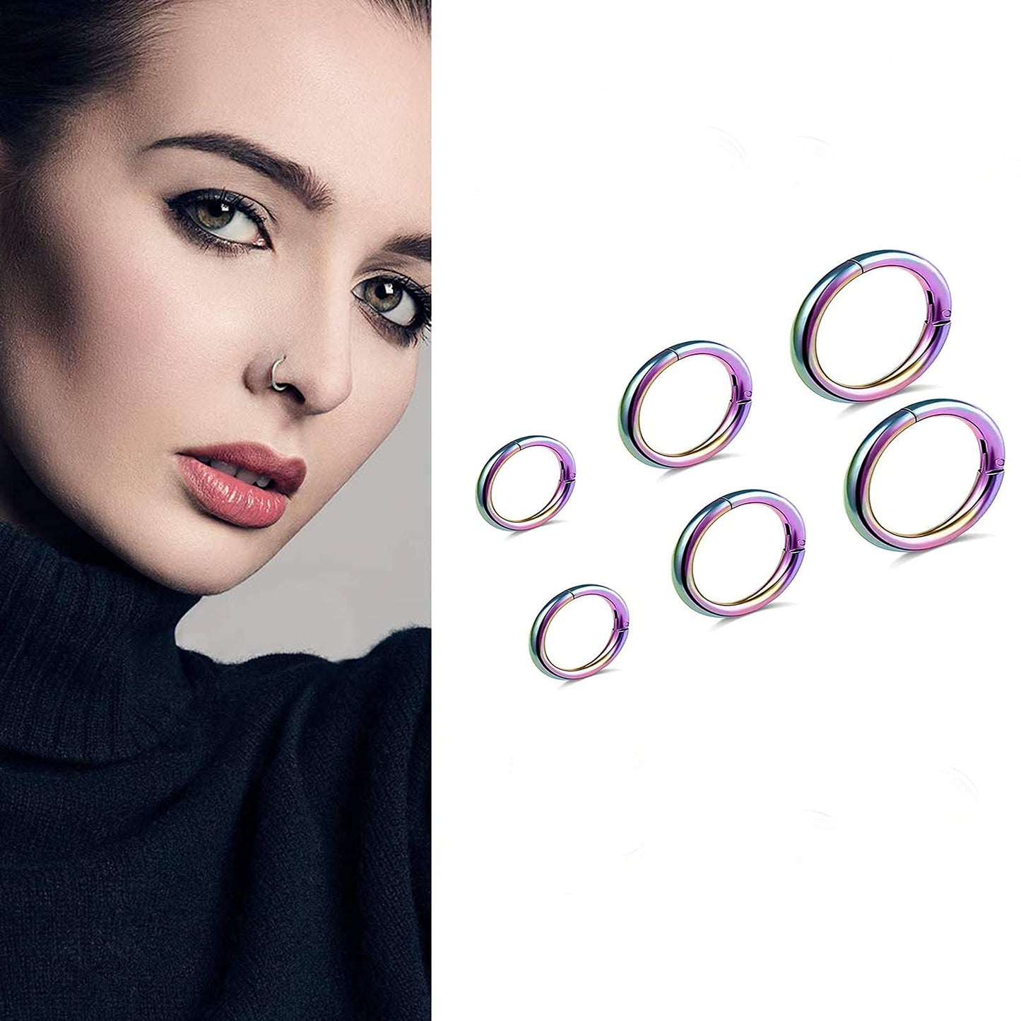 BOGKU 6pcs G23 Titanium Septum Rings Hinged Nose Ring Hoops for Women Men 16G Cartilage Hoop Earrings Body Piercing Jewelry Lip Rings - Diameter 6mm/8mm/10mm