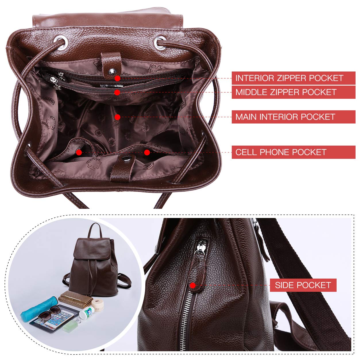 BOYATU Women’s Full-Grain Leather Backpack Purse, Minimal Structured Design, Work Commuter & City Travel, Compact Everyday Essentials, Fashion RFID Pocket Bag (Coffee Brown)