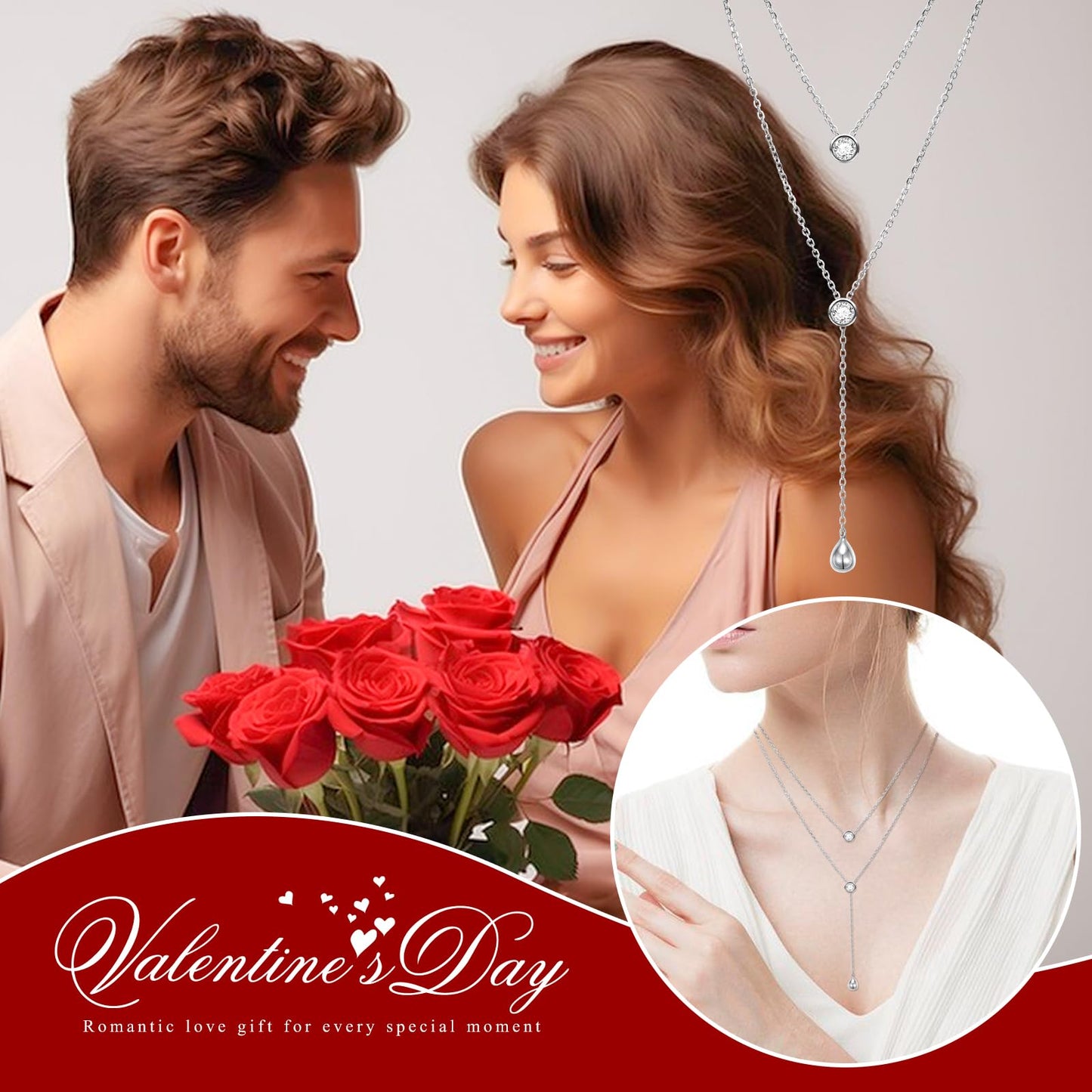 FLYOW Layered Necklace S925 Sterling Silver Teardrop Round CZ Double Choker Y Lariat Long Multilayer Necklace Birthday Present Mother Daughter Jewelry for Women Wife Fiancée