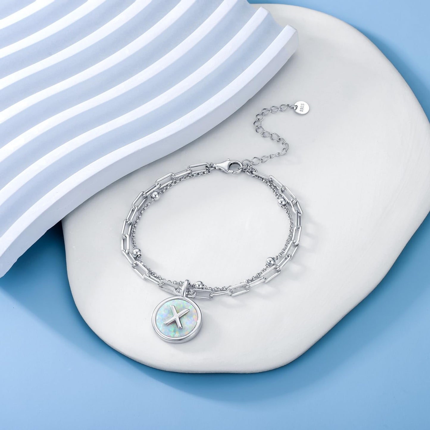 LWQQWL Initial X Bracelet for Women 925 Sterling Silver Layered Initial Bracelet Opal Letter 26 Alphabet Jewelry Christmas Gifts