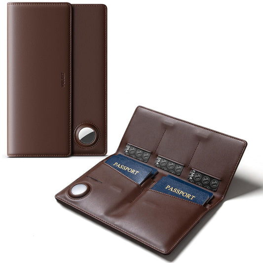 VULKIT Family Passport Holder for 4 Leather Passport Wallet with Airtag Slot Multiple Passport Holder RFID Blocking Bifold Travel Documents Organizer