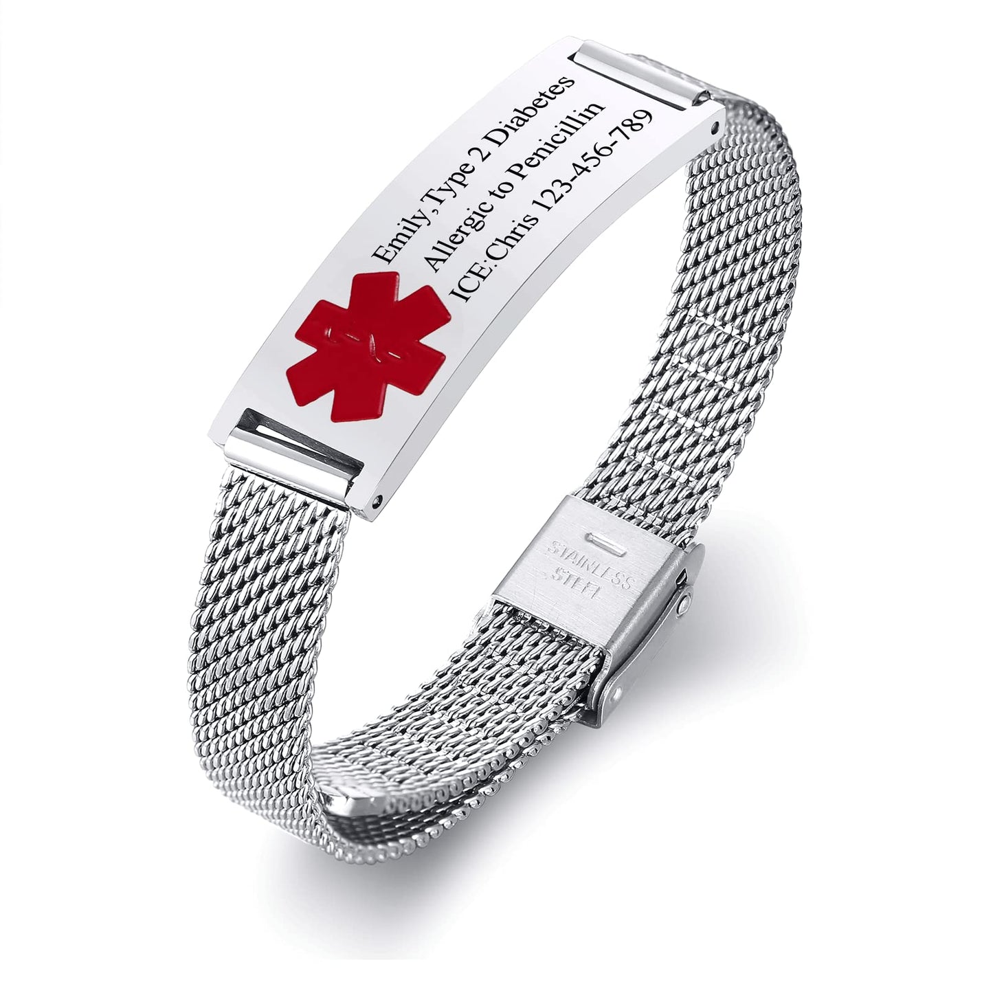 VNOX Medical Alert Bracelets for Men with Free Engraving Adjustable Stainless Steel Mesh Emergency Medical ID Bracelets Wristband,Silver