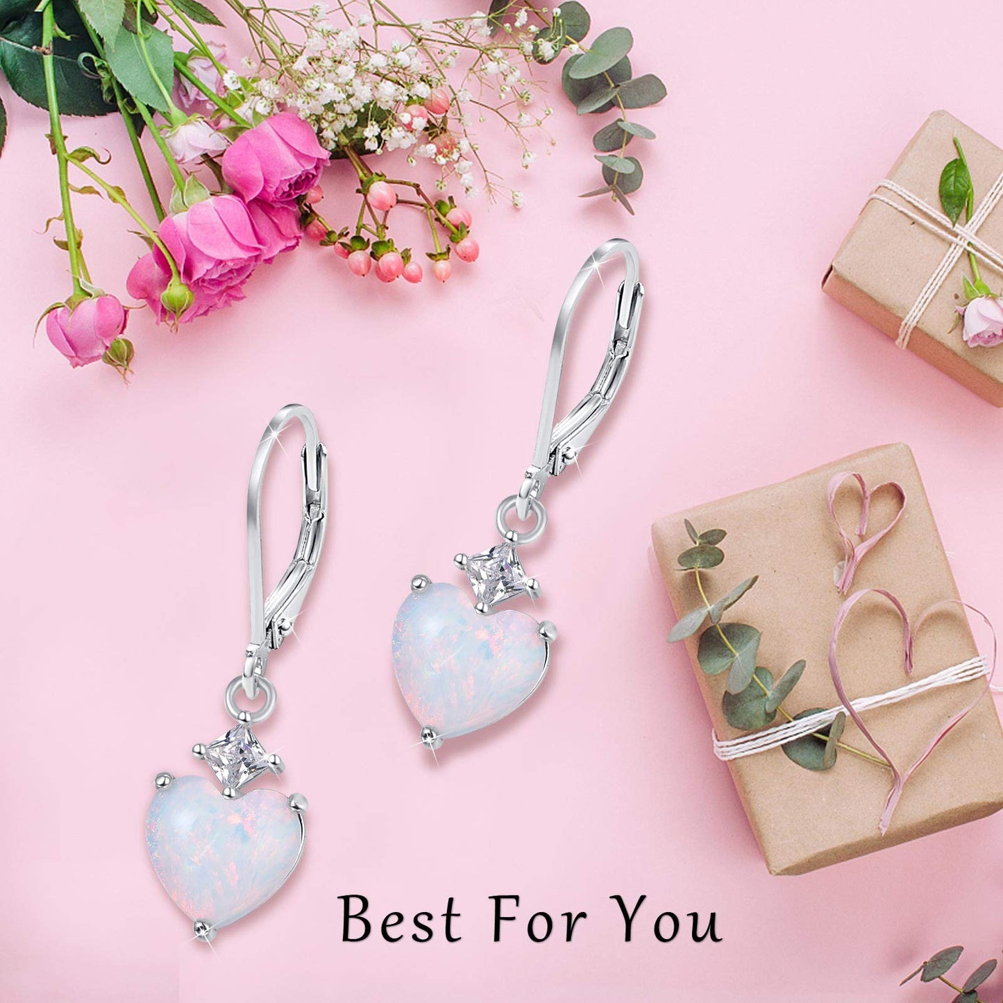 Opal Jewelry, Heart Shape Leverback Drop Dangly Earrings, 925 Sterling Silver Hypoallegenic for Sensitive Ears, Mother's Day for Women Girlfriend with Gift Box