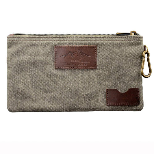 All Purpose Utility Zipper Pouch, EDC Organizer, Water Resistant, Durable Waxed Canvas with Full Grain Leather, Carabiner, Inner Pockets, Office Work Essentials, Charger Case, Pencil Case. Olive.