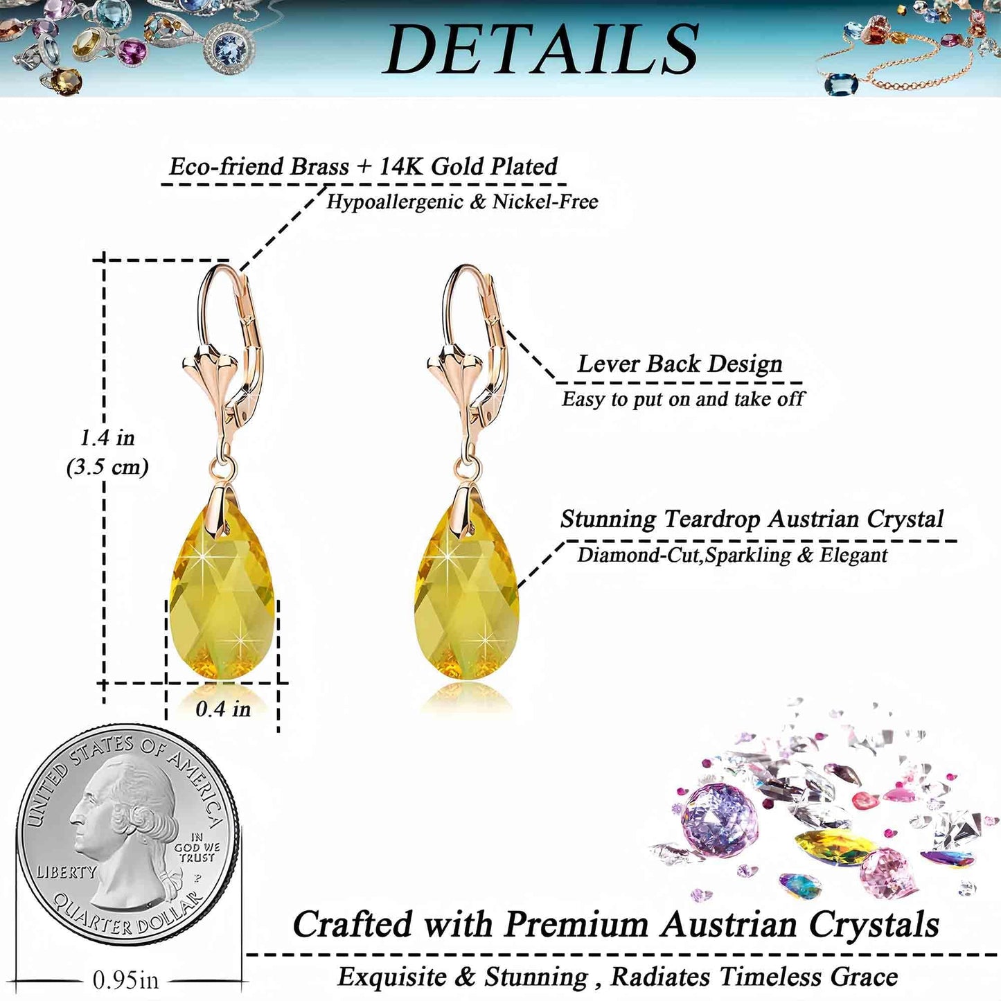 Austrian Crystal Teardrop Leverback Dangle Earrings for Women Fashion 14K Gold Plated Hypoallergenic Jewelry (Yellow)