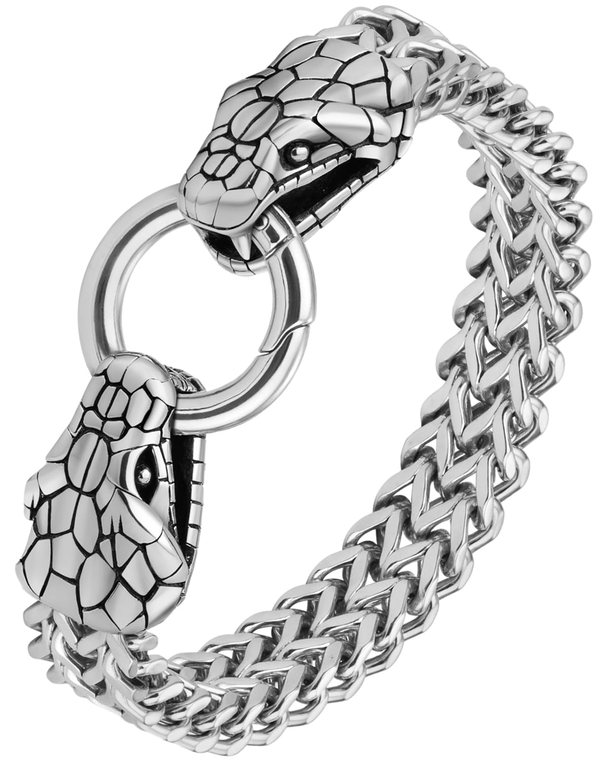 LuxGoth Stainless Steel Double Snake Heads Heavy Cuban Link Chain Bracelet Gothic Punk Rock Biker Vintage Viking Snake Franco Link Curb Bracelet Jewelry for Men Silver GTS-B1B45033