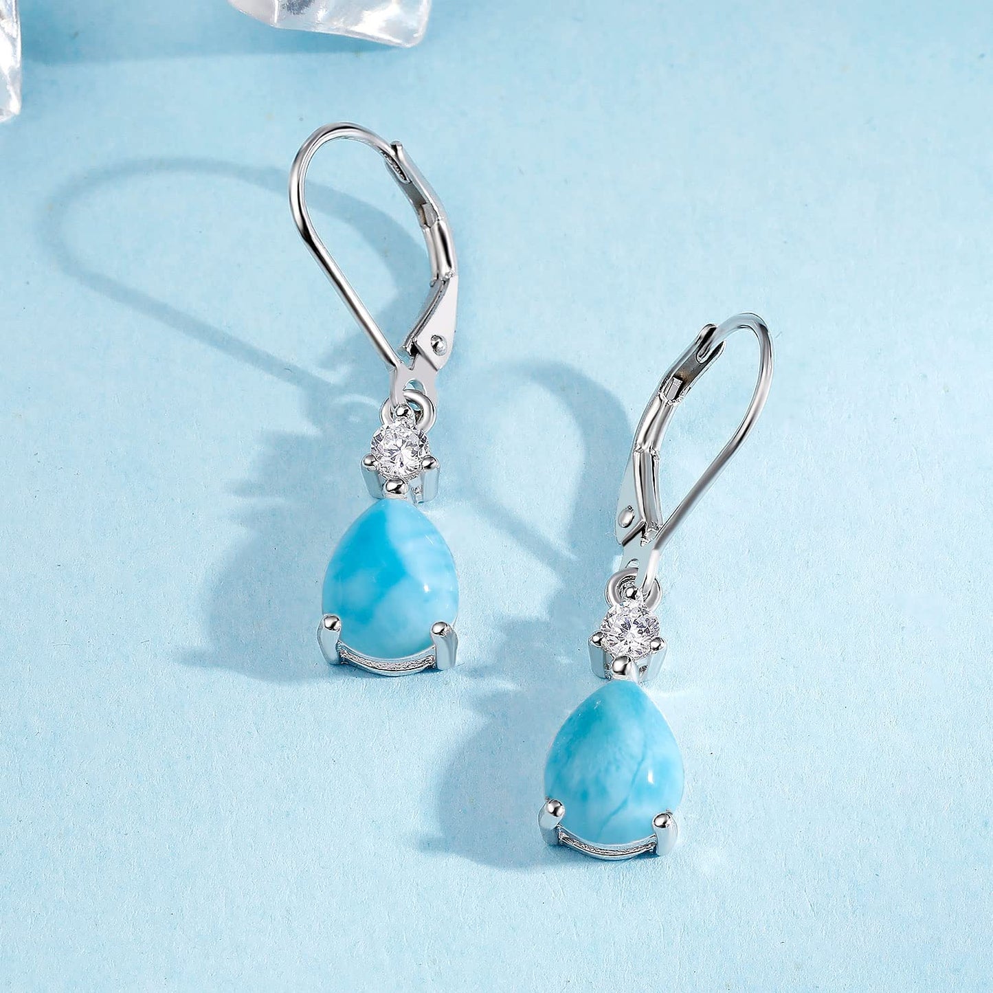 925 Sterling Silver 7 * 9mm Teardrop Larimar Leverback Earrings for Women,Pear Shaped Blue Gemstone Dangle Earrings Hypoalleregenic Jewelry
