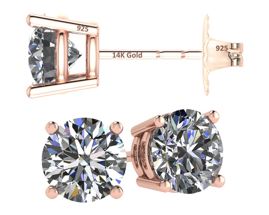 Central Diamond Center 14K Solid Gold Post & Sterling Silver Made with Swarovski 4 Prong CZ Stud Earrings - Rose Gold Plated - 5.25mm - 1.00cttw