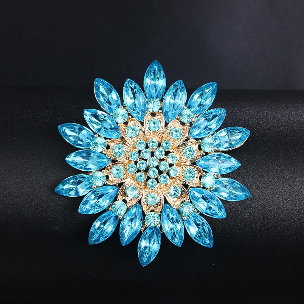 Rhinestone Large Flower Brooches Pins for Women Fashion Sparkly Crystal Sunflower Statement Brooch Wedding Party Suit Dress Formal Jewelry Accessories (Blue)