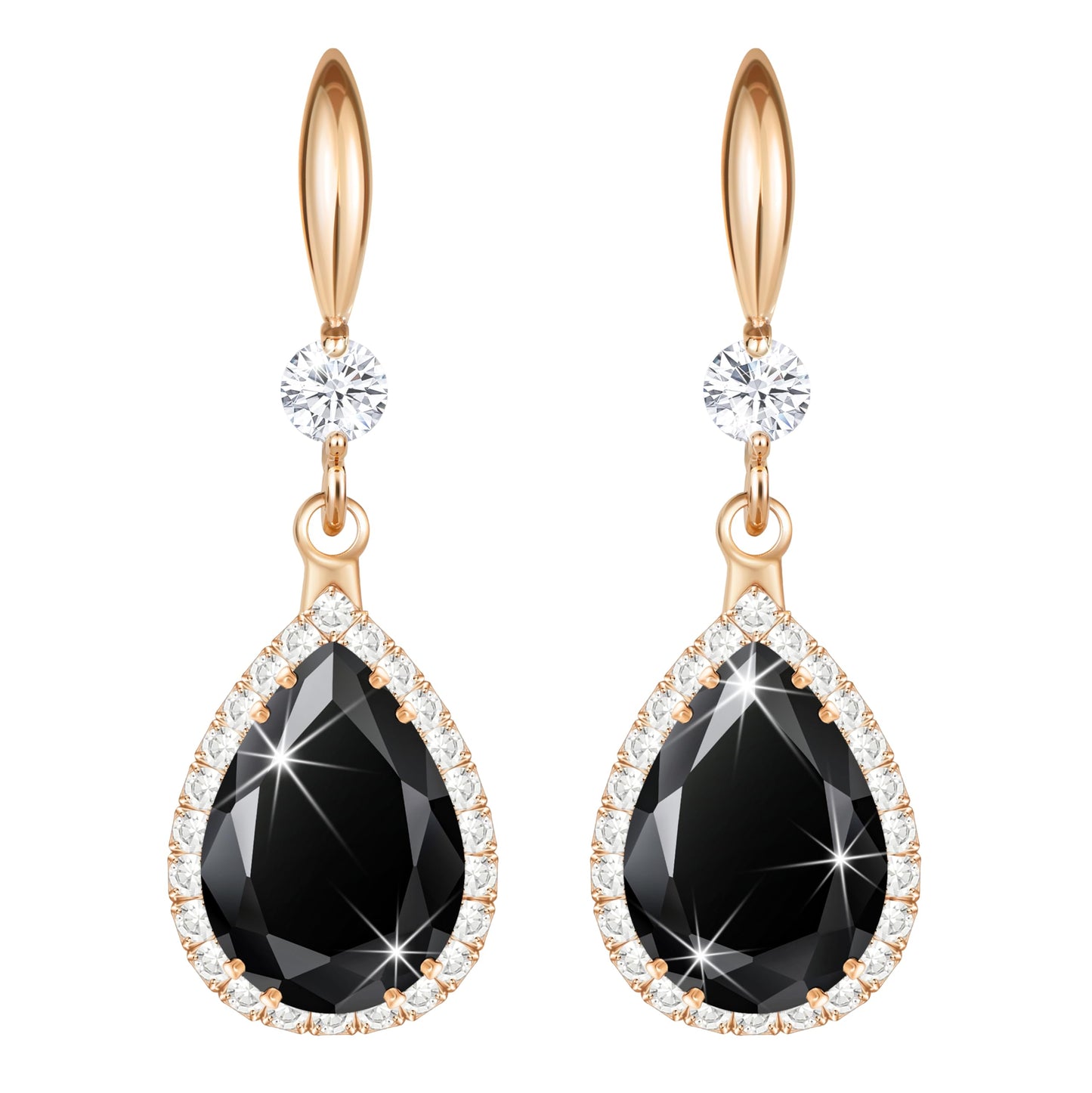Linawe Rose Gold Color Black Chandelier Earrings for Women Trendy, Imitation Diamond Drop Dangle Rhinestone Cubic Zirconia Dangly Earrings, Teardrop Fake Crystal Birthstone Earrings Dangling