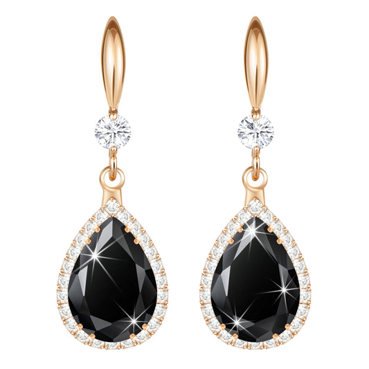 Linawe Rose Gold Color Black Chandelier Earrings for Women Trendy, Imitation Diamond Drop Dangle Rhinestone Cubic Zirconia Dangly Earrings, Teardrop Fake Crystal Birthstone Earrings Dangling
