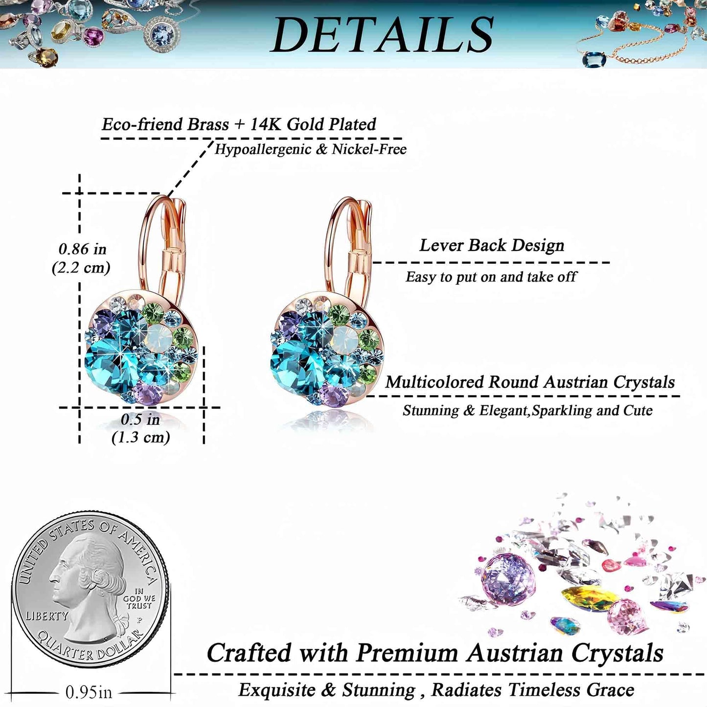Multicolored Austrian Crystal Earrings for Women 14K Gold Plated Leverback Dangle Hoop Earrings (Blue Green Crystals/Rose Gold-tone)