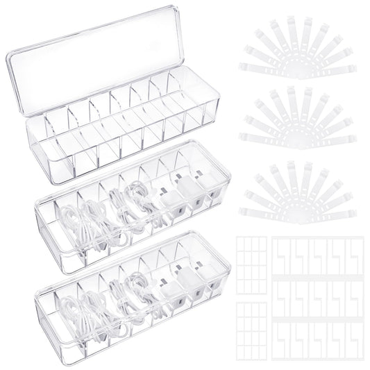 ProSuites Cable Organizer Box with Lid, 3 Pcs Clear Cord Storage Organizer with 30 Cable Ties 62 Cable Labels, Charger Organizer for Office Desk Drawer Organizers and Accessories