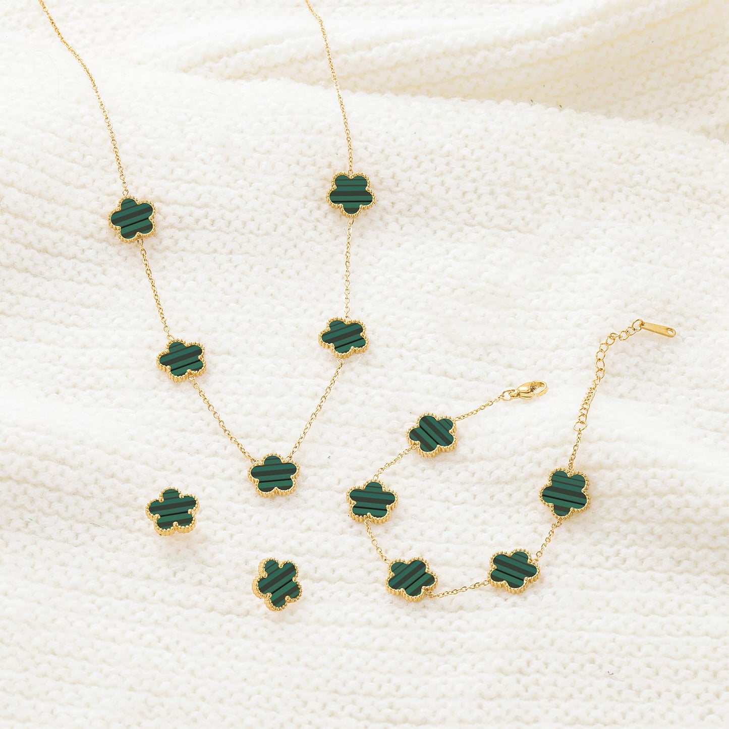 Qinpan Five Leaf Clover Necklace Bracelet and Stud Earrings Set for Women Lucky Flower Jewelry (Green Stripe-14K Gold Plated)